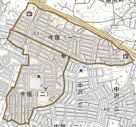 今宿とその周辺の地図。町の範囲を重ねている
