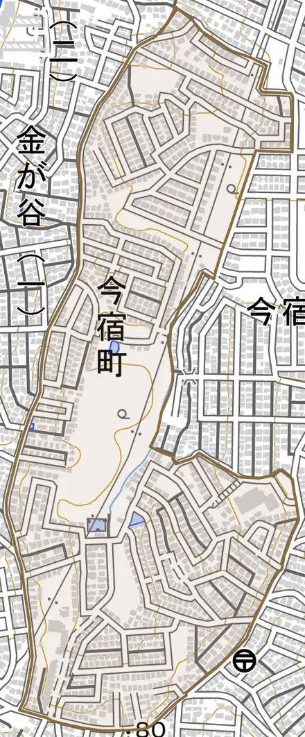 今宿町とその周辺の地図。町の範囲を重ねている