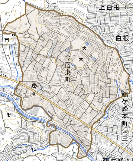 今宿東町とその周辺の地図。町の範囲を重ねている