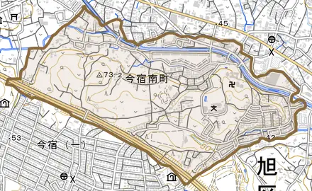 今宿南町とその周辺の地図。町の範囲を重ねている