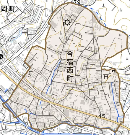 今宿西町とその周辺の地図。町の範囲を重ねている