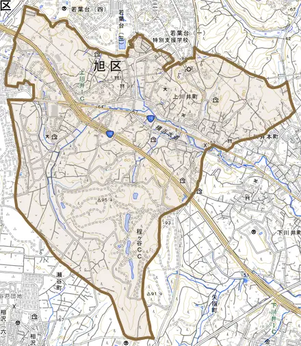 上川井町とその周辺の地図。町の範囲を重ねている