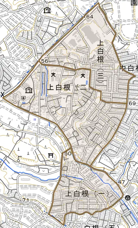 上白根とその周辺の地図。町の範囲を重ねている