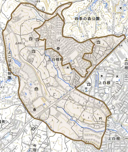 上白根町とその周辺の地図。町の範囲を重ねている