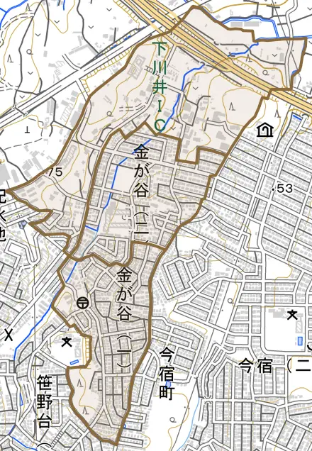 金が谷とその周辺の地図。町の範囲を重ねている