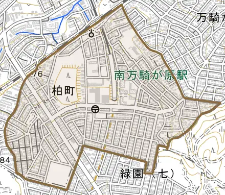 柏町とその周辺の地図。町の範囲を重ねている