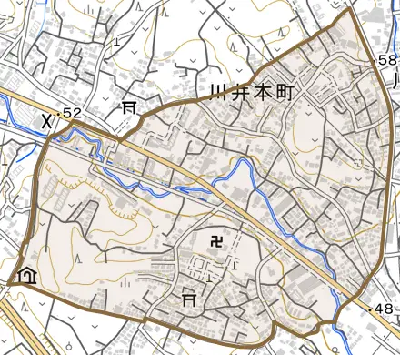 川井本町とその周辺の地図。町の範囲を重ねている