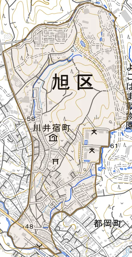 川井宿町とその周辺の地図。町の範囲を重ねている