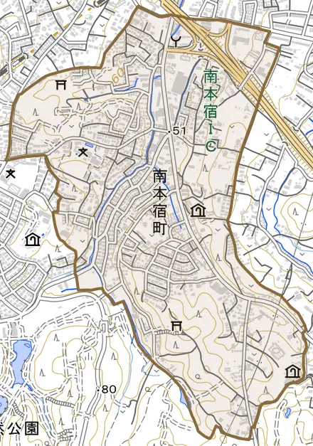 南本宿町とその周辺の地図。町の範囲を重ねている