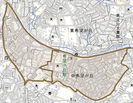 中希望が丘とその周辺の地図。町の範囲を重ねている