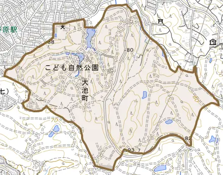 大池町とその周辺の地図。町の範囲を重ねている