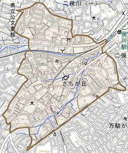 さちが丘とその周辺の地図。町の範囲を重ねている