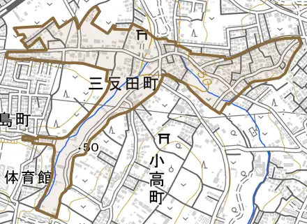 三反田町とその周辺の地図。町の範囲を重ねている