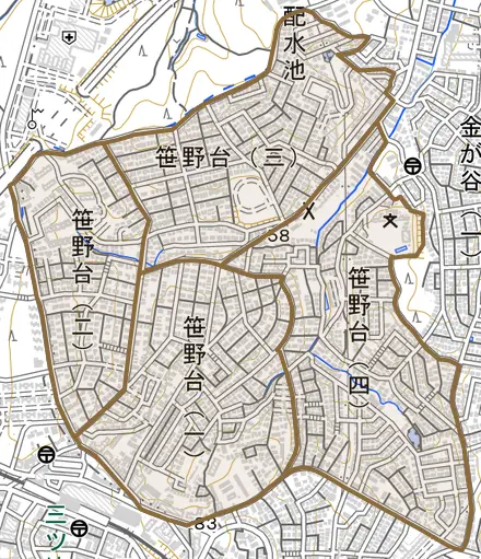 笹野台とその周辺の地図。町の範囲を重ねている