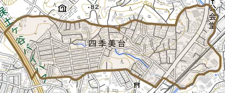 四季美台とその周辺の地図。町の範囲を重ねている