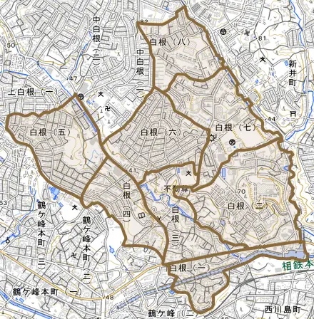 白根とその周辺の地図。町の範囲を重ねている