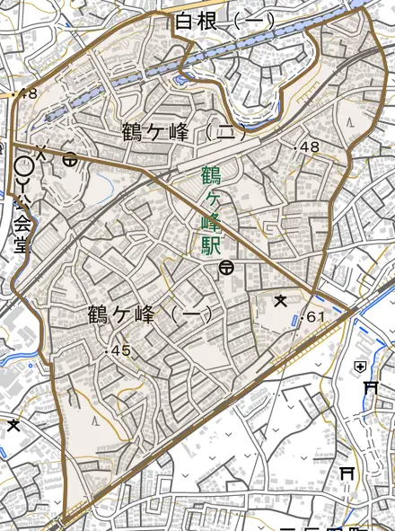鶴ケ峰とその周辺の地図。町の範囲を重ねている