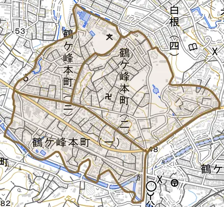 鶴ケ峰本町とその周辺の地図。町の範囲を重ねている