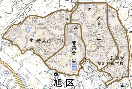 若葉台とその周辺の地図。町の範囲を重ねている