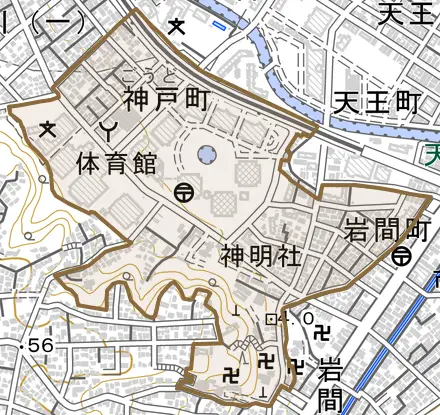 神戸町とその周辺の地図。町の範囲を重ねている