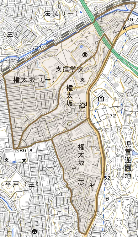 権太坂とその周辺の地図。町の範囲を重ねている