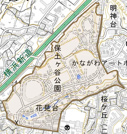 花見台とその周辺の地図。町の範囲を重ねている
