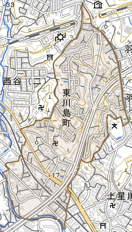 東川島町とその周辺の地図。町の範囲を重ねている