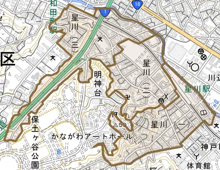 星川とその周辺の地図。町の範囲を重ねている