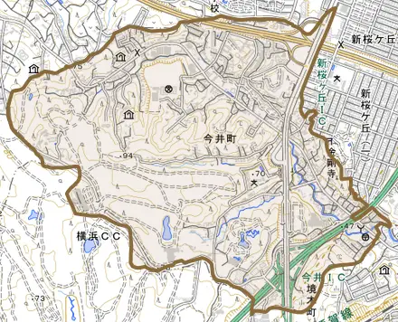 今井町とその周辺の地図。町の範囲を重ねている