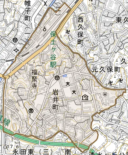 岩井町とその周辺の地図。町の範囲を重ねている