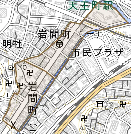 岩間町とその周辺の地図。町の範囲を重ねている