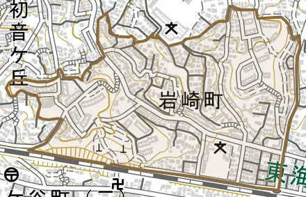 岩崎町とその周辺の地図。町の範囲を重ねている