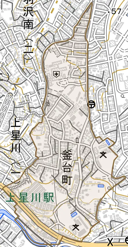釜台町とその周辺の地図。町の範囲を重ねている
