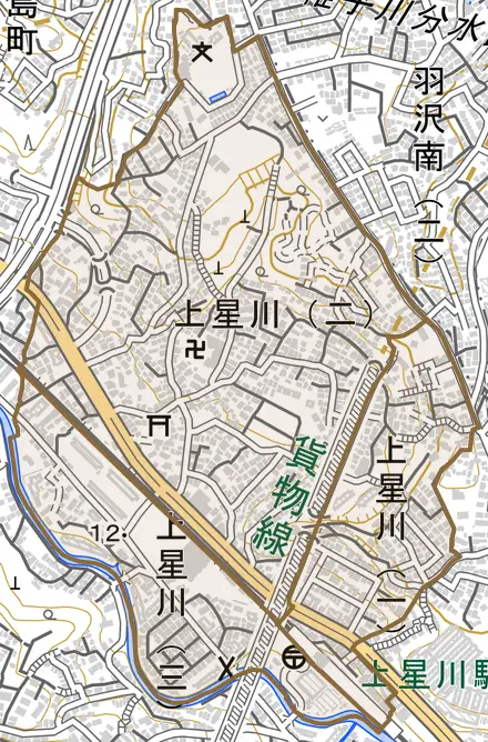 上星川とその周辺の地図。町の範囲を重ねている