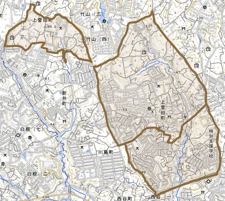 上菅田町とその周辺の地図。町の範囲を重ねている
