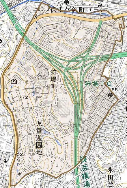 狩場町とその周辺の地図。町の範囲を重ねている