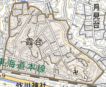 霞台とその周辺の地図。町の範囲を重ねている