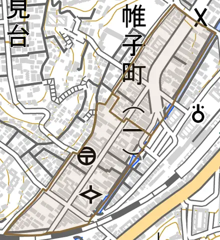 帷子町とその周辺の地図。町の範囲を重ねている