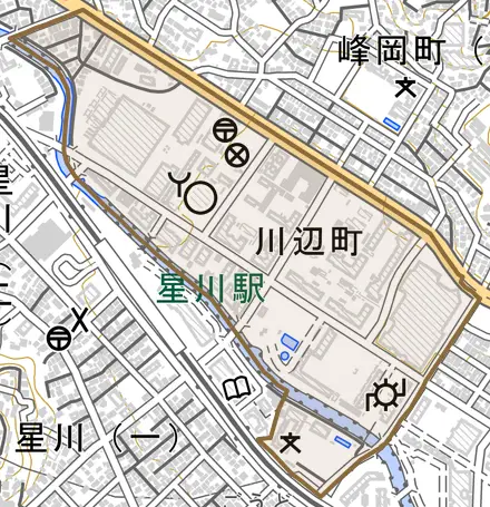川辺町とその周辺の地図。町の範囲を重ねている