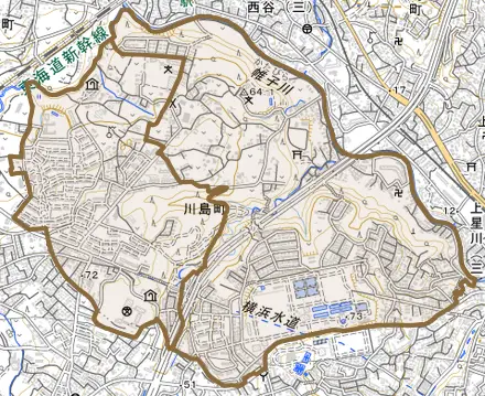 川島町とその周辺の地図。町の範囲を重ねている