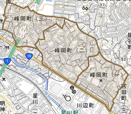 峰岡町とその周辺の地図。町の範囲を重ねている