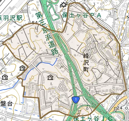 峰沢町とその周辺の地図。町の範囲を重ねている