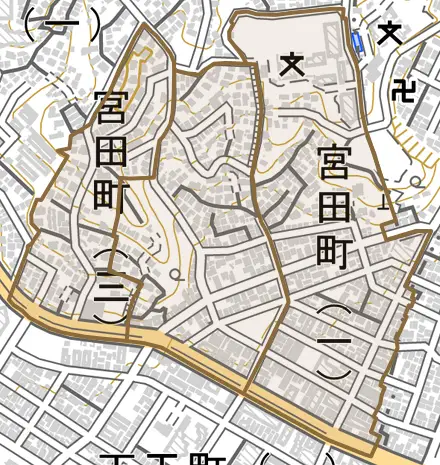 宮田町とその周辺の地図。町の範囲を重ねている