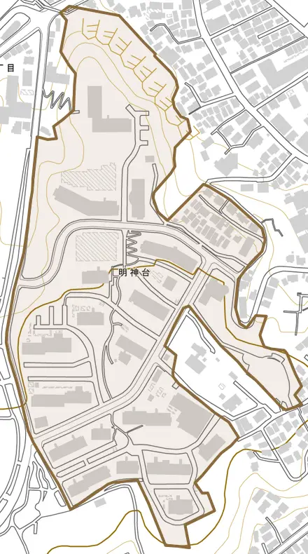 明神台とその周辺の地図。町の範囲を重ねている