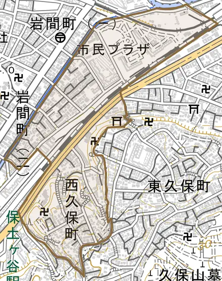 西久保町とその周辺の地図。町の範囲を重ねている
