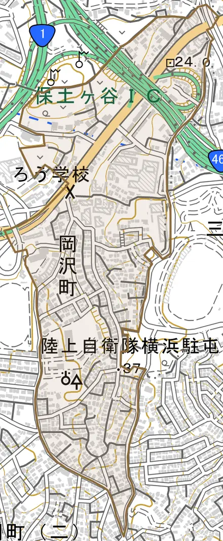 岡沢町とその周辺の地図。町の範囲を重ねている
