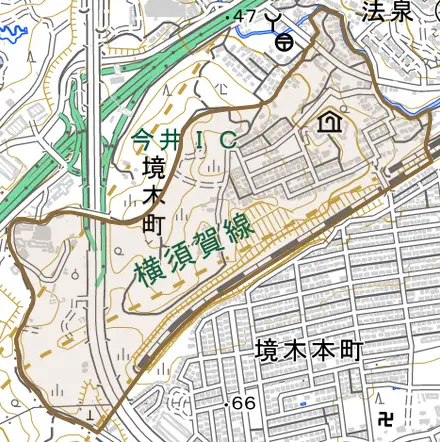 境木町とその周辺の地図。町の範囲を重ねている