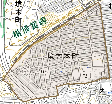 境木本町とその周辺の地図。町の範囲を重ねている