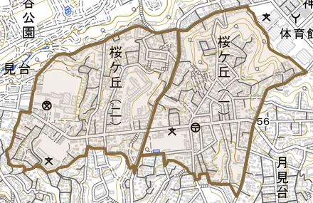 桜ケ丘とその周辺の地図。町の範囲を重ねている