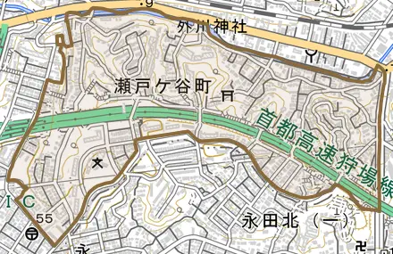 瀬戸ケ谷町とその周辺の地図。町の範囲を重ねている